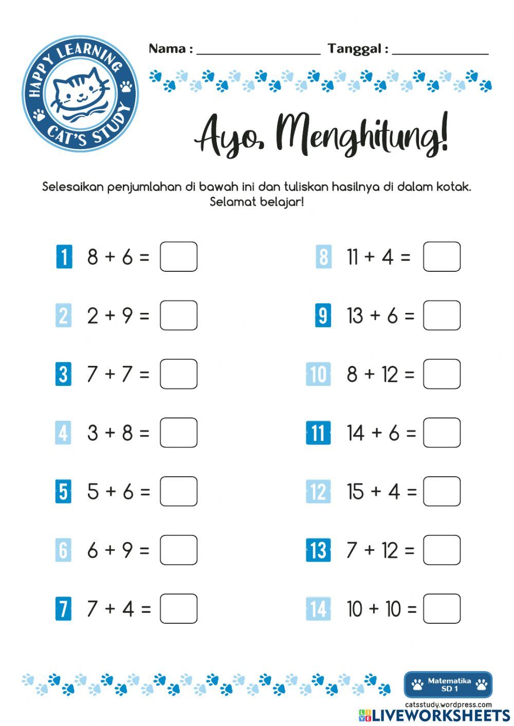 Penjumlahan 1-20 worksheet Matematik Terapi Penjumlahan 1-20 worksheet Matematik Terapi