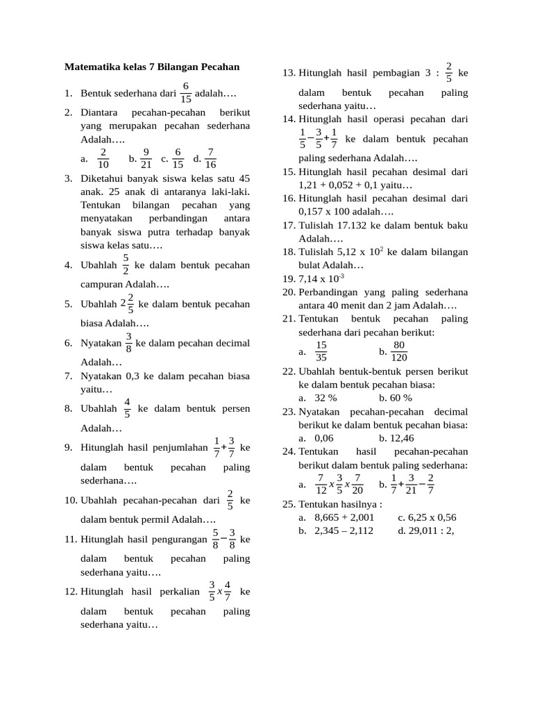 Soal Pecahan Kelas 7 Matematika PDF Soal Pecahan Kelas 7 Matematika PDF