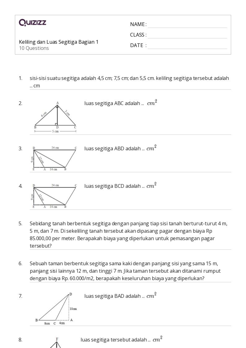 50 lembar kerja Luas Segitiga untuk Kelas 7 di Quizizz Gratis 50 lembar kerja Luas Segitiga untuk Kelas 7 di Quizizz Gratis