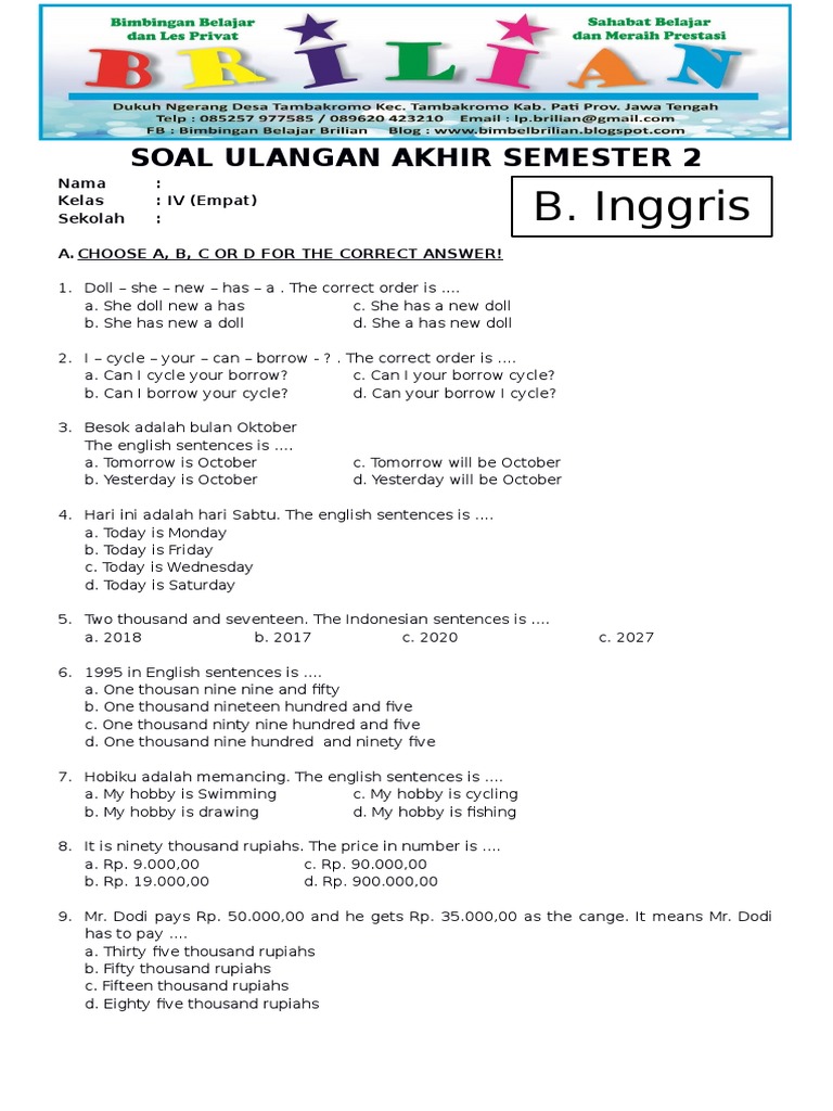 Ternyata Ini Rahasia Bank Soal Bahasa Inggris Kelas 4 SD Semester 1 untuk Nilai Sempurna