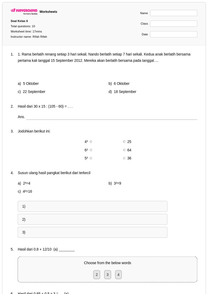 50 lembar kerja Perhitungan Persentase untuk Kelas 6 di Wayground 50 lembar kerja Perhitungan Persentase untuk Kelas 6 di Wayground
