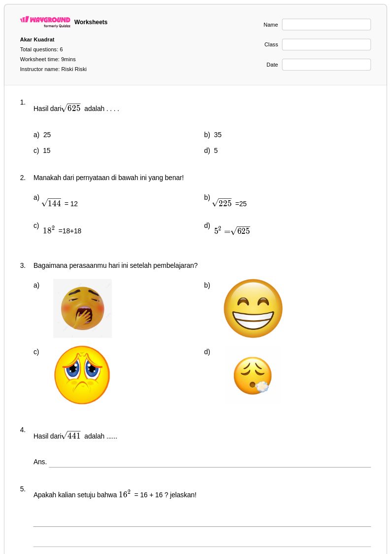 50 lembar kerja Akar Kuadrat untuk Kelas 4 di Wayground Gratis 50 lembar kerja Akar Kuadrat untuk Kelas 4 di Wayground Gratis