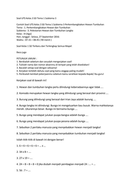 Soal uts kelas 3 sd tema 1 subtema 3 DOC Soal uts kelas 3 sd tema 1 subtema 3 DOC