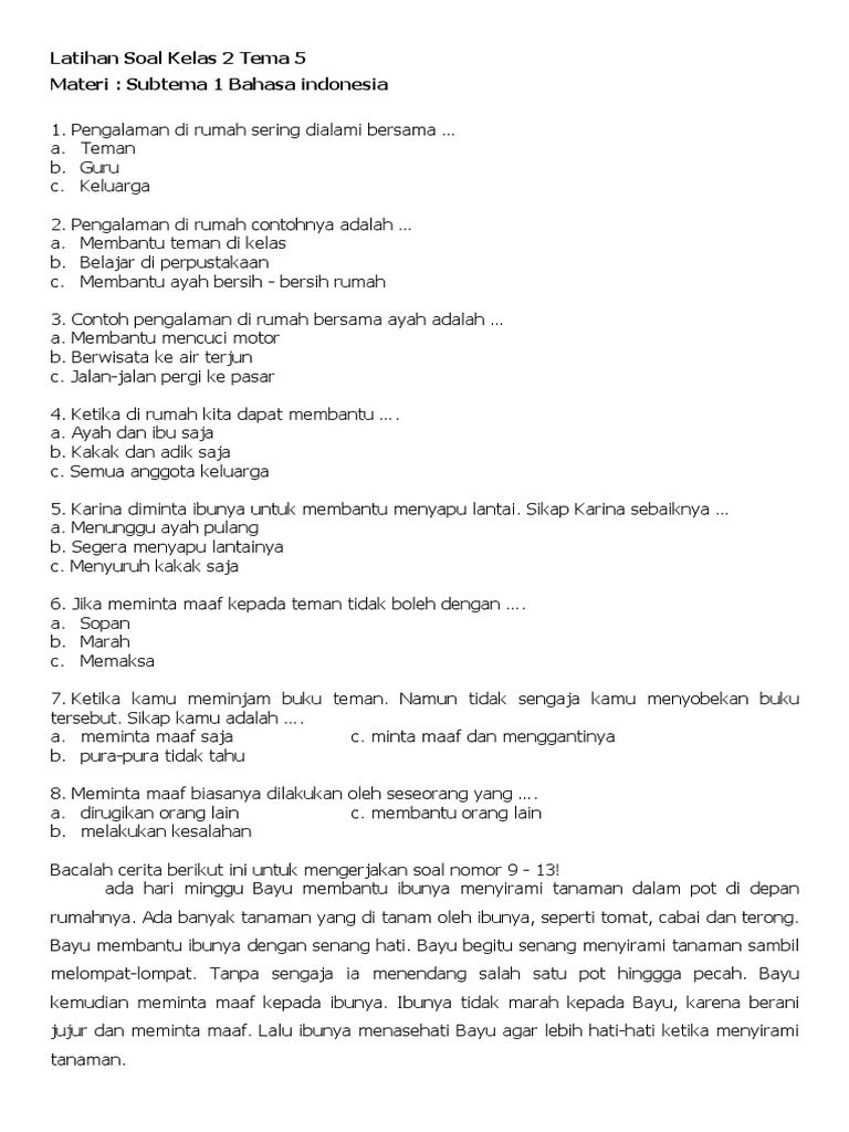 7 Contoh Soal Permintaan Maaf Kelas 2 SD Tema 5 yang Bikin Anak Paham dan Guru Terkagum