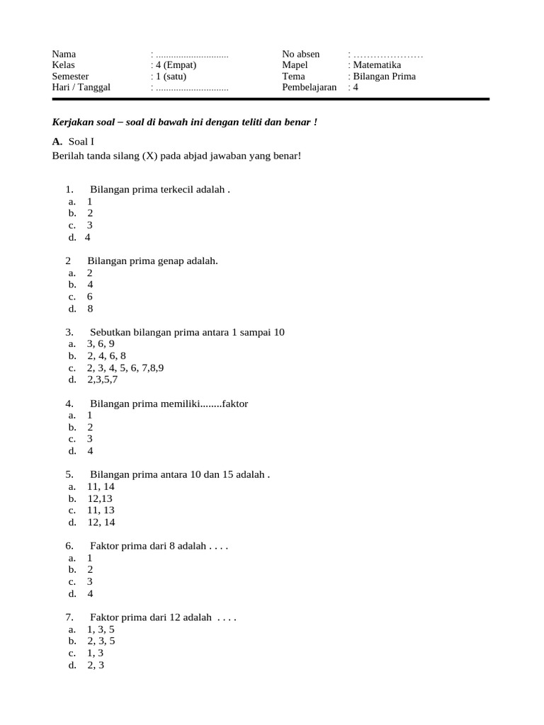 Soal Bilangan Prima Kelas 4 PDF Soal Bilangan Prima Kelas 4 PDF