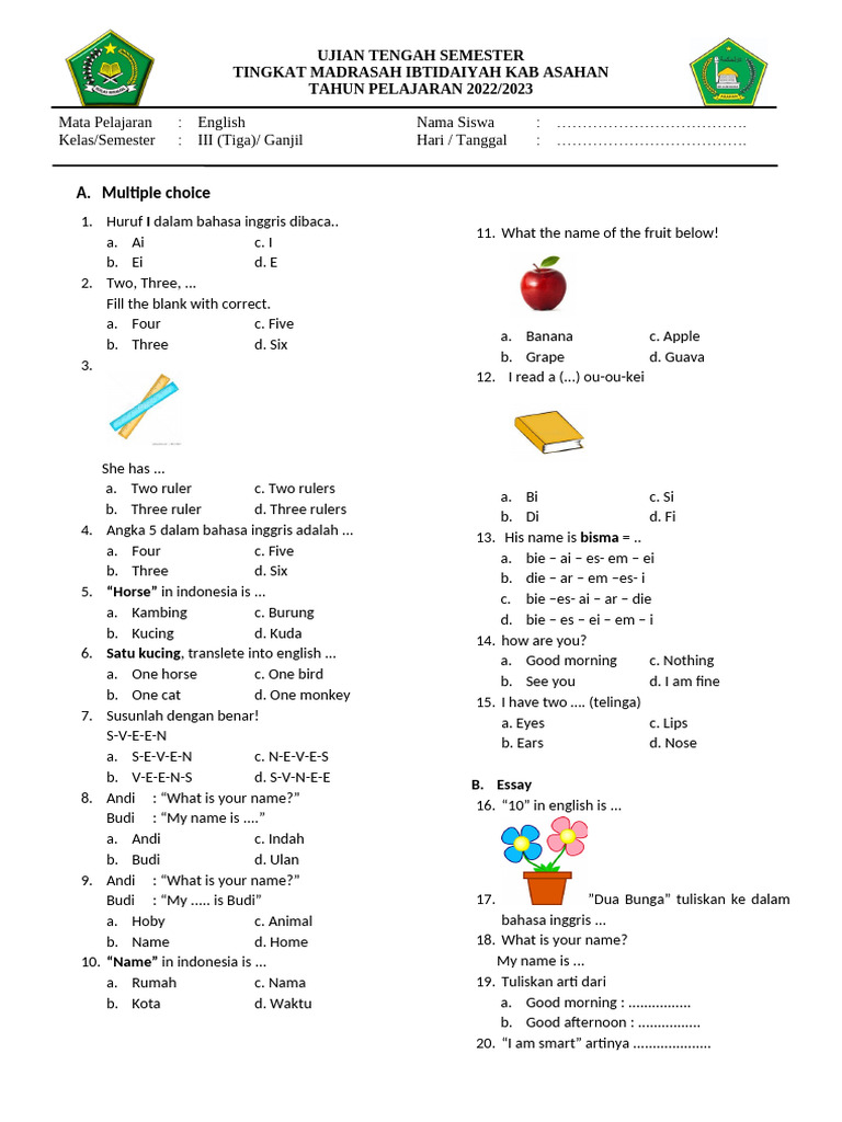 Ujian Tengah Semester Bahasa Inggris MI PDF Fruit
