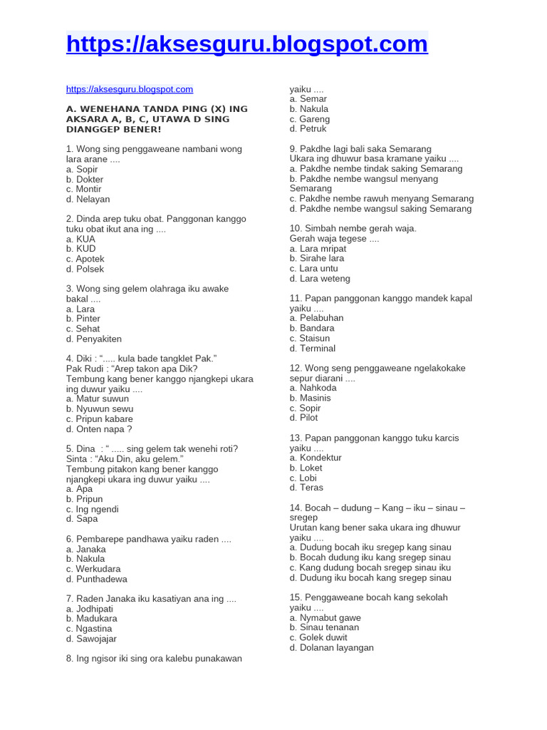 Download Soal UKK Bahasa Jawa Kelas 3 Doc 2026: 7 Bocoran Materi Wajib Dipelajari Agar Anak Lulus Ujian