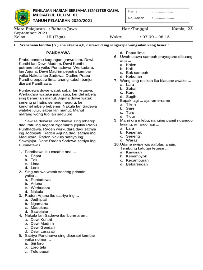 Download Soal UKK Bahasa Jawa Kelas 3 Kurikulum 2013 Plus Arane Wit Terbaru 2026 Wajib Dicoba