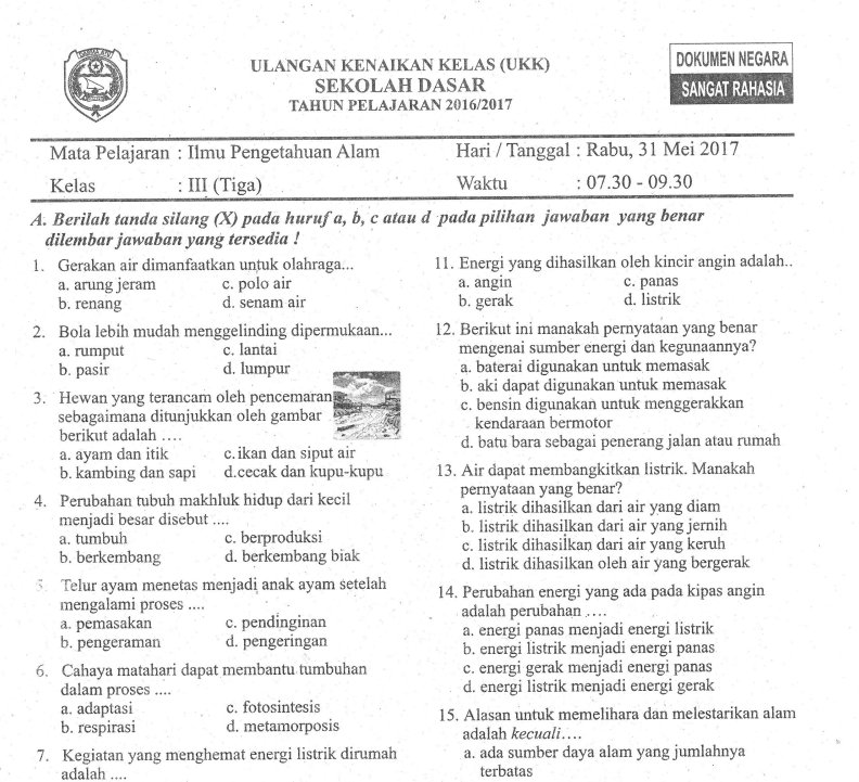 Kumpulan Soal UKK IPA Kelas III SD 2017 - Materi Soal