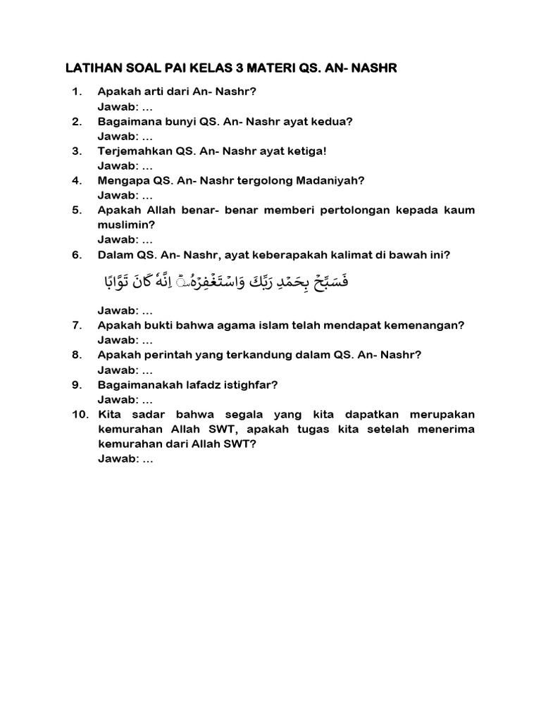 Kumpulan Soal PAI SD Kelas 3 Arti An Nasr Terbaru 2026, Wajib Tahu Agar Si Kecil Lancar Ujian